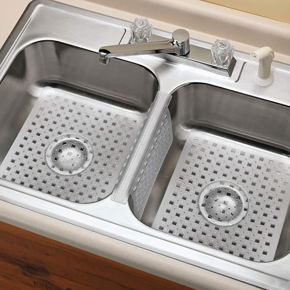 Kitchen Sink Protector Mat Pad Set, 3 Piece Combo Set Includes -2 Sink Mats - 1 Sink Saddle - 3 Drain Stopper