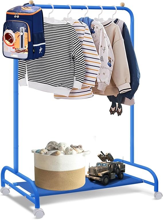 Kids Clothing Rack, Dress Up Rack with 4 Wheels and Bottom Storage Shelf, Small Toddler Garment Racks for Hanging Dressers, Dance Costume, Metal Kids Coat Rack for Gift