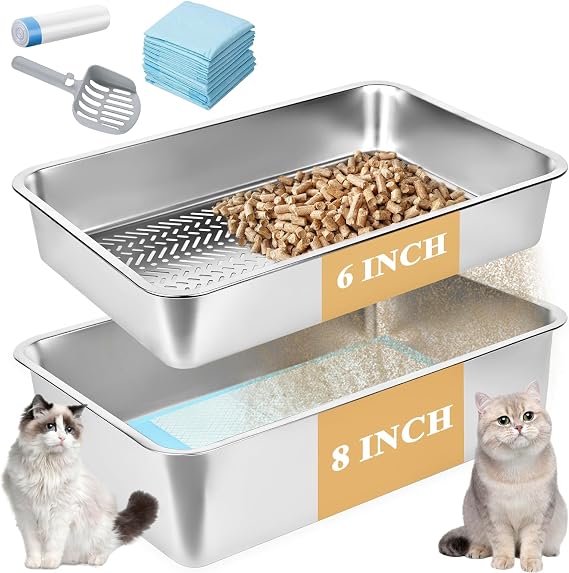 23.6''x15.7''x8'' Stainless Steel Sifting Litter Box, XL Large Metal Sifting Cat Litter Box for Pine Pellets, Litter Pan Tray System for Indoor Cats with Scoop and Pee Pad, Easy to Clean(8 Inch)