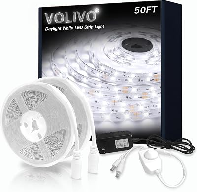 VOLIVO White LED Strip Lights, 50ft Dimmable 24V LED Lights 6500K Bright Daylight White, Strong Adhesive, Flexible Tape Light for Mirror, Kitchen Cabinets, Bedroom