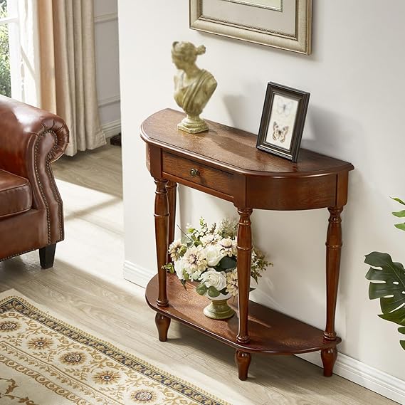 SEIFE Solid WoodHalf Moon Console Table for Entryway,Entryway Table with Storage Drawer,Semi Circle Sofa Table,Hallway & Entrance Decor(Walnut,120cm/47.2in)