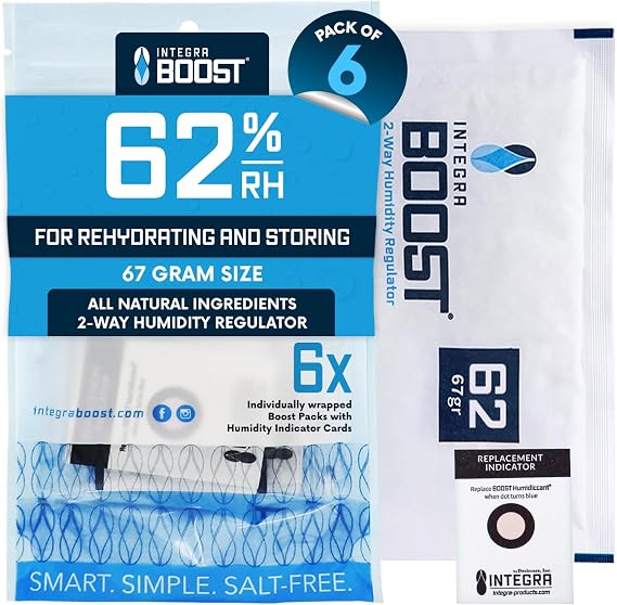 Integra Boost - 62% RH Level - 67 Gram Size - Two-Way Humidity Control Pack - Incl. Replacement Indicator Cards - Food Storage & Herbs Moisture Balancer For Up to 1 LB Pack of 6