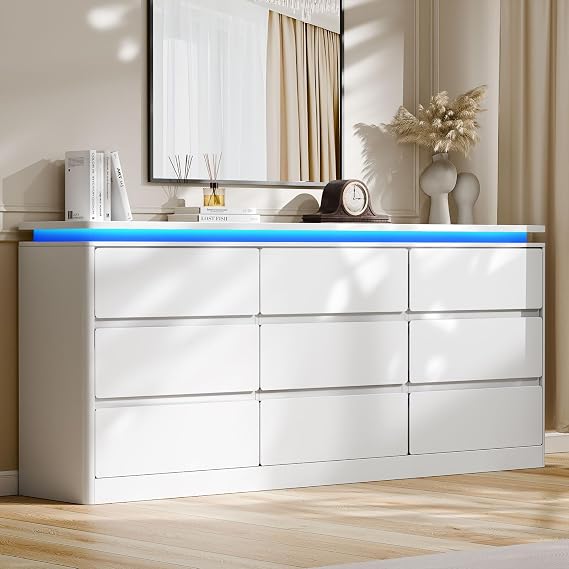 9 Drawer Dresser for Bedroom, 63" Long White Chest of Drawers w/LED Lights