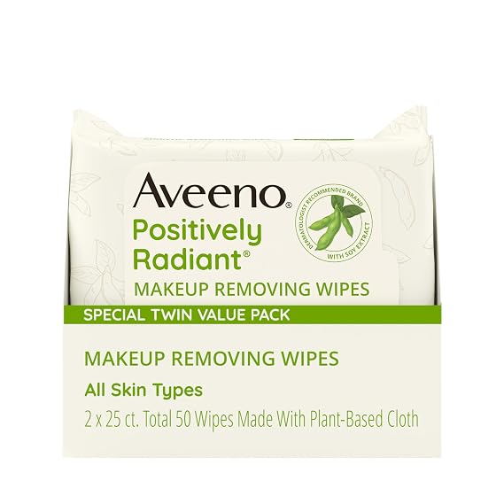 Aveeno Positively Radiant Makeup Remover Wipes, Twin Pack, 2 x 25 Ct