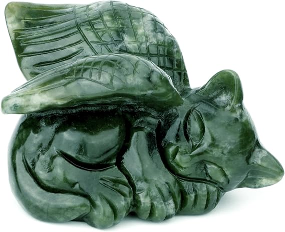 gemshan Memorial Cat Statue for Home - Hand Carved Jade Sleeping Cat Figurine for Home & Office Decor