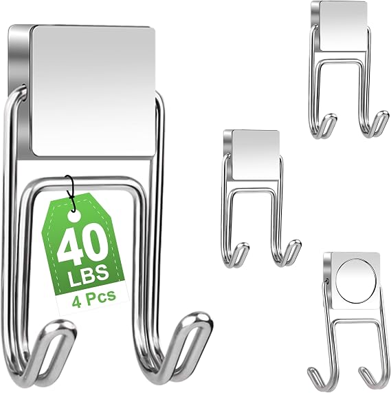 MIKEDE Magnetic Hooks Heavy Duty, 40lbs+ Strong Magnets with Double Hooks for Hanging, Swivel Magnet Hooks for Refrigerator, Magnetic Metal Hooks for Grill, Camping, Cruise Ship Essentials - 4 Pcs