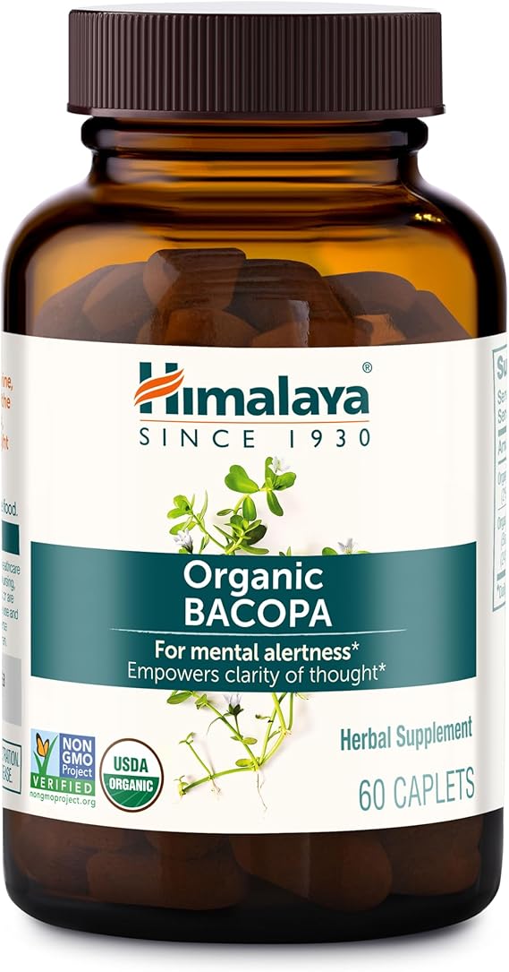 Himalaya USDA Organic Bacopa Monnieri Nootropic Herbal Supplement,Brahmi,Bacopa Supplements, Bacopa Extract,Mental Alertness, Supports Calm,Memory,Cognition,Non-GMO,750 mg, 60 Plant-Based Caplets