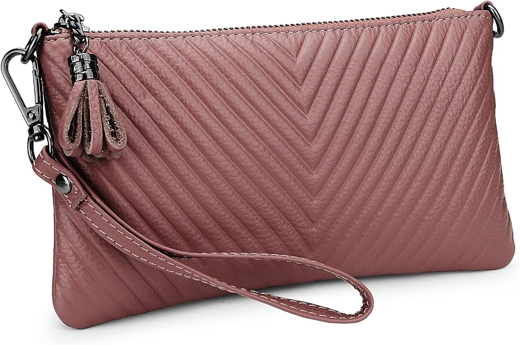 YALUXE Women's Real Leather Wristlet Purse Chevron Embossed Shoulder Bag