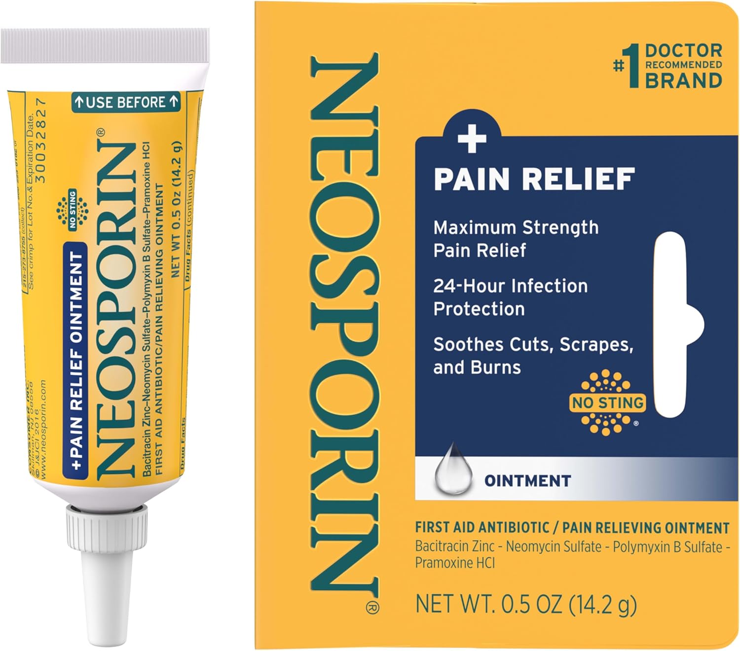 Neosporin  Maximum-Strength Pain Relief Dual Action Ointment, First Aid Topical Antibiotic & Analgesic Ointment for 24-Hour Infection Protection with Bacitracin Zinc & Pramoxine HCl,.5 oz