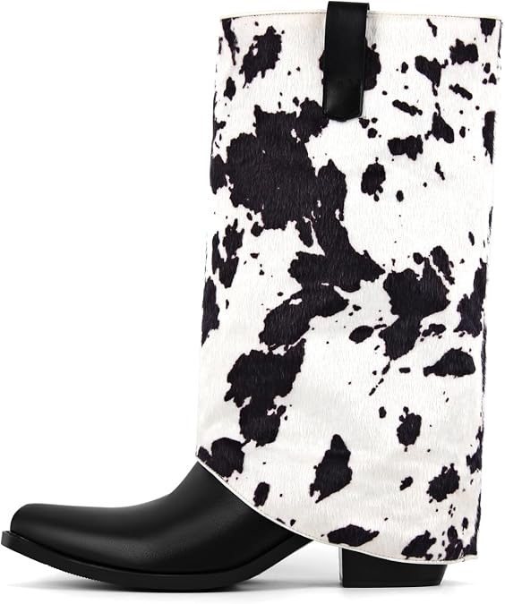 richealnini Sparkle Mid Calf Cow Print Western Boots for Women Pull On Stacked Classic Cowboy Boots