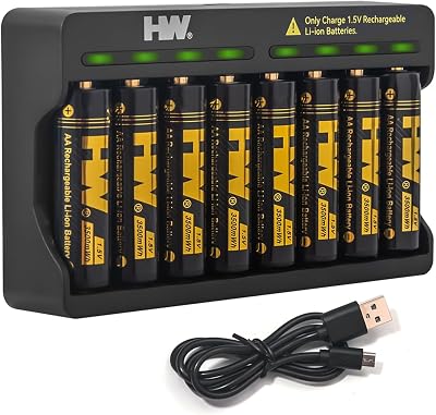 HW Rechargeable AA Batteries with AAAAA Charger, [1.5V, 8-Pack] 3500mWh Double A Lithium Battery Charger High Capacity, Cargador de Baterias for Toys, Keyboards, Doorbell, Remote Controls, etc.