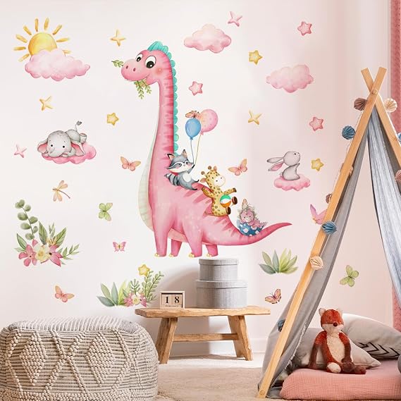 Large Dinosaur Wall Decals Watercolor Dinosaur Dino Footprints Palm Leaf Peel and Stick Wall Art Stickers for Baby Kids Boys Girls Toddler Nursery Room Playroom Classroom Wall Decoration (Pink)