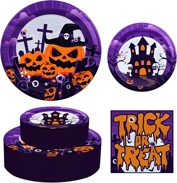 Halloween Paper Plates and Napkins Set 150 Count, 10'' and 7'' Heavy Duty Disposable Plates, Trick-or-treat Gatherings and Spooky Party Decorations Supplies, Serve 50