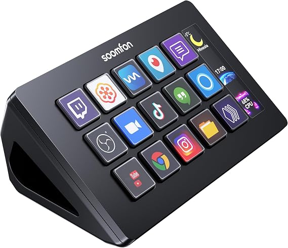 Stream Controller - SOOMFON Stream Studio Control Deck 15-Key Layout, Stream Deck for Live Content Creation, Controller for Streamers, Compatible with OBS/Twitch/YouTube, Works with Mac/PC, Black