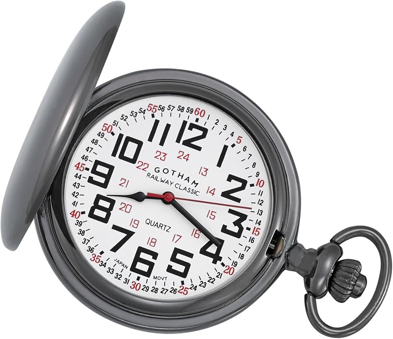 Gotham Men's Gunmetal Railroad Polished Finish Covered Quartz Pocket Watch # GWC15044B
