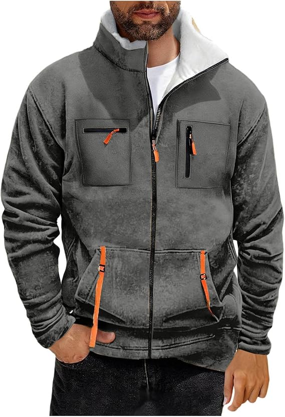 FZYLQY Men's Fleece Sherpa Lined Jacket Full Zip Stand Collar Coats Winter Work Cargo Jackets Thick Thermal Warm Outerwear