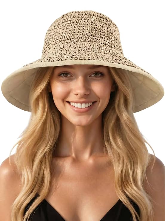 Sun Hats for Women, Summer Beach Straw Wide Brim Bucket Hat