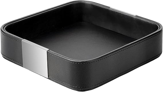 SANZIE Luxury Leather Desktop Storage, Small Catchall Organizer, Decorative Tray for Entryway Table to Hold Jewelry,Watch,Cosmetics,Keys,Phone,Wallet,Home & Office Accessories (Metal Silvered, Black)