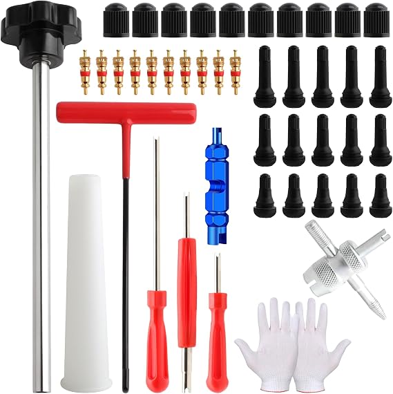 45 PCS Valve Stem Core Removal Replacement Tool Kit, Tire Valve Stem Removal Tool and TR412, TR413, TR414 Tire Snap in Short Rubber Valve Stem, 4 Way Valve Core Remover