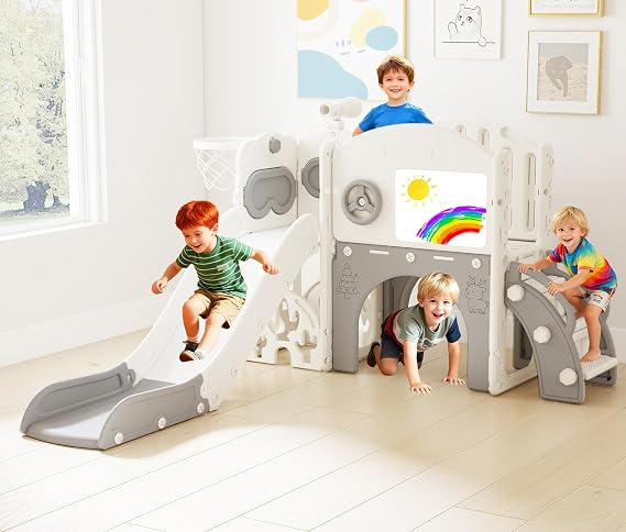 10-in-1 Toddler Slide Playset,Indoor Playground for Kids 1-3 and Toddler Outdoor playset with Golf Set, Basketball Hoop, Climbing Frame, Drawing Board and Steering Wheel, Gray & White