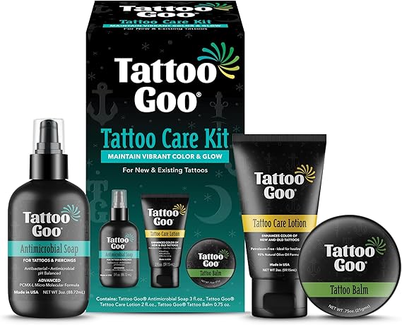 Tattoo Goo Tattoo Aftercare Kit, 3 Piece Set, Includes Antimicrobial Soap, Tattoo Balm & Healing Lotion, Main Vibrant Color & Glow, Complete Kit for Fresh Ink, Ongoing Ink Maintenance & Piercing Care
