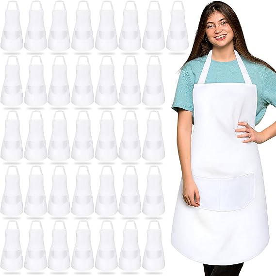 Handepo 36 Pack 36 Pack White Aprons Bulk, Polyester Aprons With Pocket, Adjustable Bib Chef Apron for women men Kitchen Restaurant Painting Crafting (White)