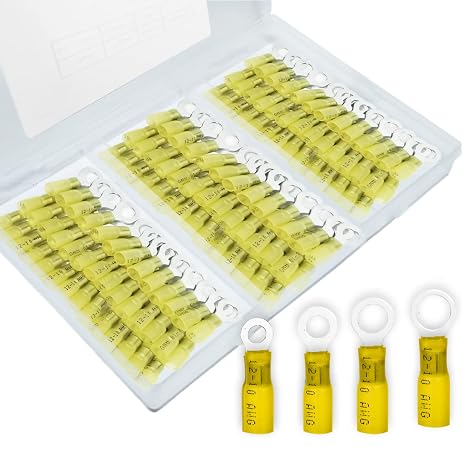 120 PCS Heat Shrink Wire Connectors,12-10 awg Ring Terminals Kit | 3/8" 5/16" 1/4" #10 Stud (M10 M8 M6), 12 10 Gauge Ring Connectors, Automotive Marine Wire Connectors