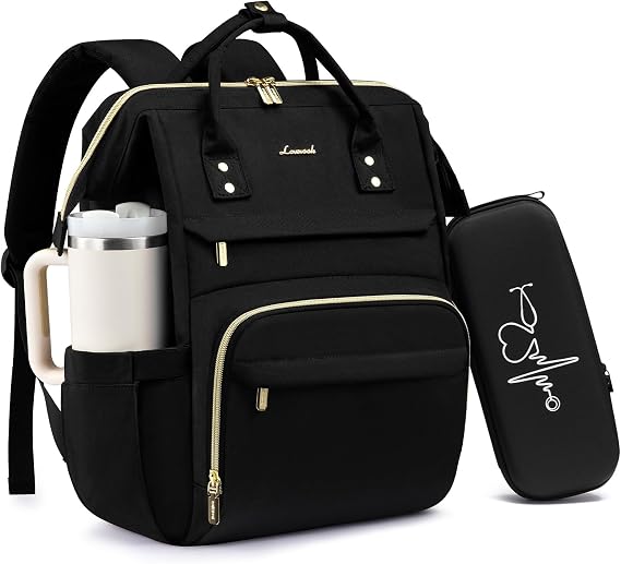 LOVEVOOK Laptop Backpack for Women with Giant Tumbler Holder Pocket, 15.6 inch Nurse Bag with Stethoscope Case, Waterproof Work College Teacher Travel Backpack, Black