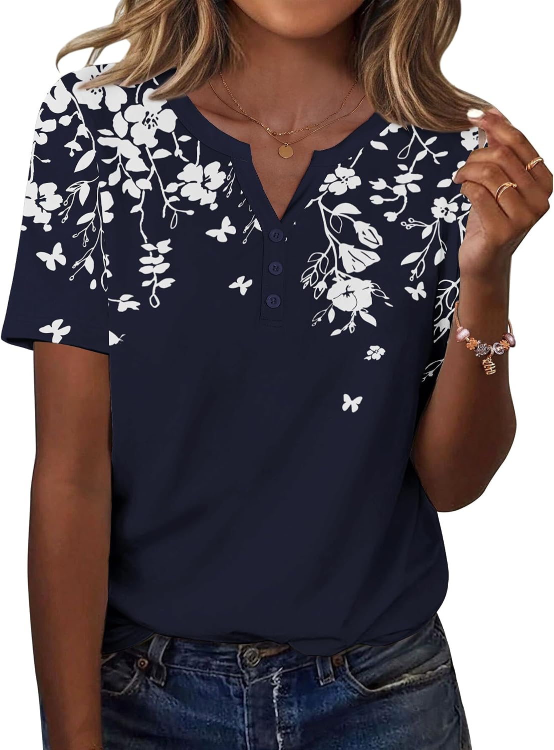 tops for women short sleeve v-neck t-shirts tunic tops printed blouses for girls elegant casual shirt button down (multicolored s-xxl)