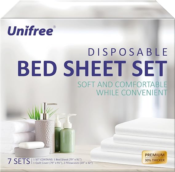 UNIFREE 7 Sets Disposable Bed Sheets, Travel Sheets for Hotel, 79" *91" | King Size Portable Bedspread, SPA, 1Bed Sheet 1Quilt Cover 2Pillow Covers