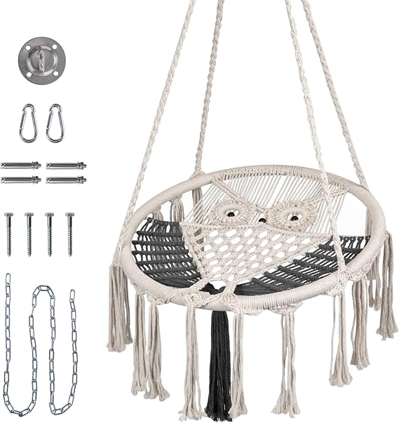 Prime Garden Hammock Chair, Owl Hanging Macrame Swing with Hardware Kits, Handmade Knitted Mesh Rope Swing Chair for Indoor, Outdoor, Bedroom, Patio, Garden, Small (Width 24 in)