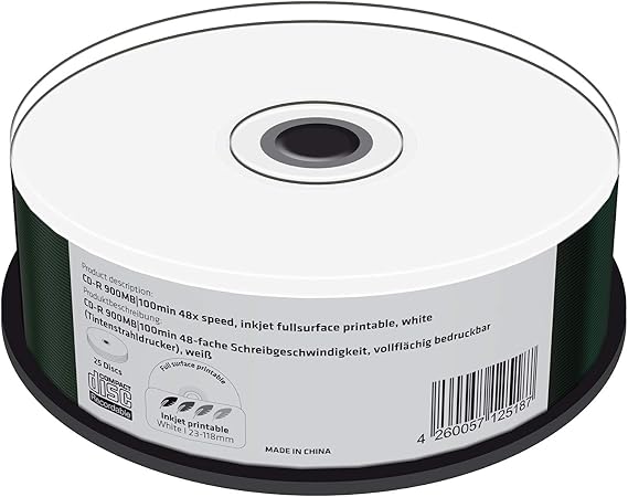 CD-R 900MB|100min 48x Write Speed, Full Surface Printable (Inkjet Printer), 25 Cake Box