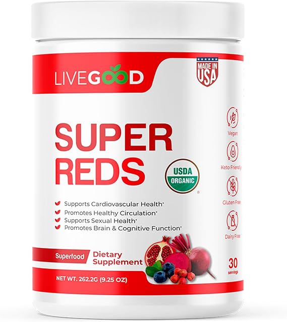 LiveGood Super Reds Organic Superfood Powder with Beetroot and Organic Pomegranate Powder, Antioxidant Fruit Blend and Red Beets Supplements for Daily Energy (30 Servings)