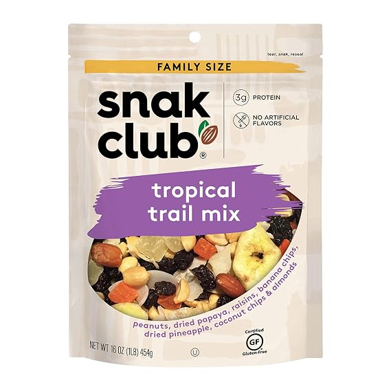Snak Club Tropical Trail Mix with Peanuts, Dried Papaya, Raisins, Banana Chips, Dried Pineapple, Coconut Chips, and Almonds, Gluten-Free and Kosher Snack, 16 oz Resealable Bag