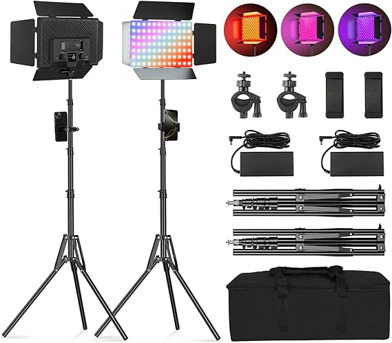 2Pack RGB LED Video Light Kit 12.6in with Barn Door RGB Photography Light | 20W/2500~8500K/14 Effect/2000lux@0.5m LED Panel Light Kit with Light Stand for Gaming Streaming Zoom YouTube Photography