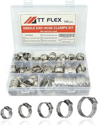 TTFLEX 100 PCS 304 Stainless Steel Single Ear Hose Clamps Kit with 38, 12, 58, 34, 1 PEX Cinch Clamp Rings for Automotive, Home Appliance, Water Pipe and Fuel Line