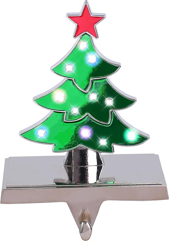 Amooca Christmas Stocking Holders Non-Slip Metal Hooks LED Lights Tree Decor Fireplace Mantle Stocking Hanger for Party Decorations (Green Silver)