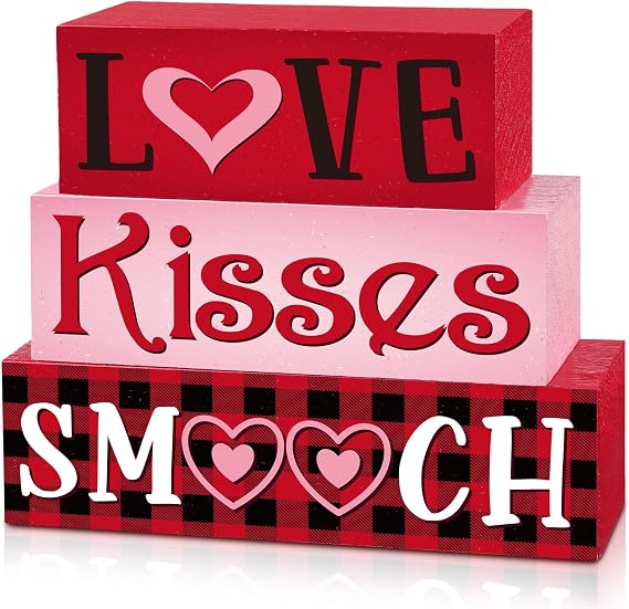 3 Pcs Valentine Table Decoration Signs Tiered Tray Valentine Wooden Love Blocks Heart Wood Freestanding Decor for Farmhouse Centerpiece Wedding Gift(Sweet Style)