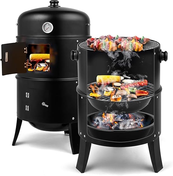 Outvita Vertical 17 Inch Charcoal BBQ Smoker, 3-in-1 Portable Grill Cooker | Built-in Thermometer, Outdoor Backyard Cooking Grilling Camping