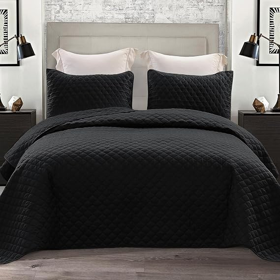 Exclusivo Mezcla Reversible Full Queen Quilt Bedding Set, Black | Lightweight Bedspreads with 2 Pillow Shams, Soft Microfiber, All Season Bed Coverlets for Bedroom Guest Room, 90x96 Inch