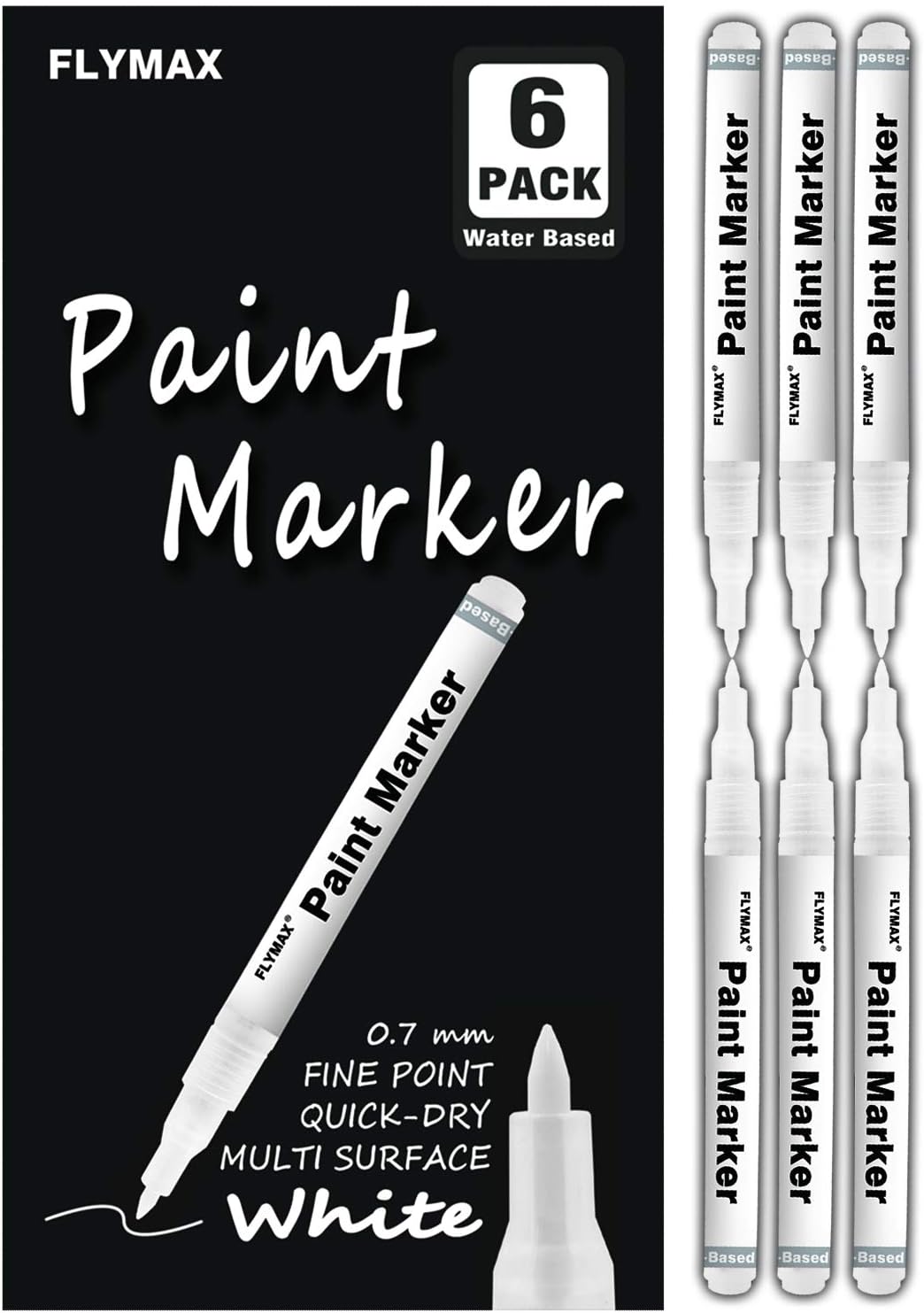 FLYMAX 6 Pack White Paint Pen 0.7mm Acrylic White Permanent Magic White Paint Pen for Wood, Stone, Plastic, Leather, Glass, Metal, Canvas, Ceramic, Marker, Extra Fine Opaque Ink