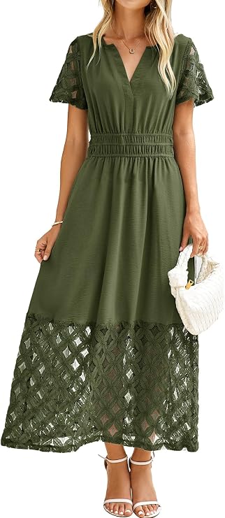 Simplee Womens Summer Boho Maxi Dress V Neck Empire Waist Long Flowy Wedding Guest Dresses with Pockets