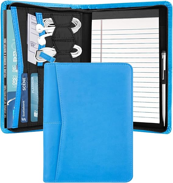Small Portfolio Organizer, A5 Zippered Business Portfolio, Junior Padfolio Folder Binder for Women & Men, 5 x 8 Writing Pad Included, Blue.