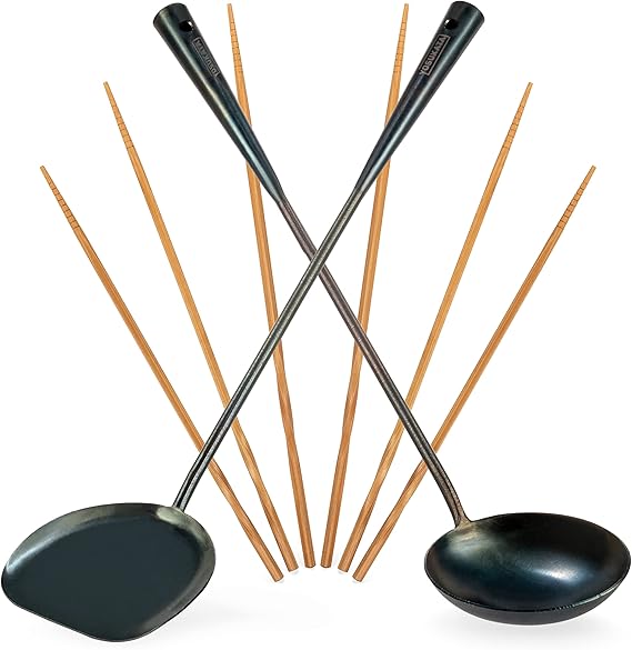 YOSUKATA Pre-Seasoned Wok Utensils Set - Blue Carbon Steel 17-inch Wok Spatula, Wok Ladle, 3 pairs Chopsticks - Durable Asian Cooking Tools