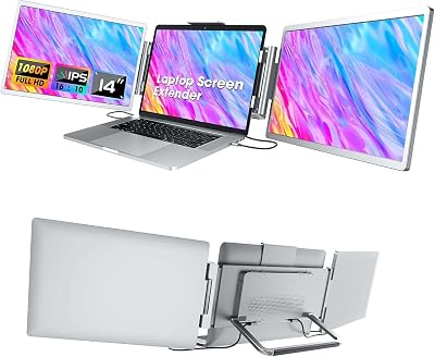 FHH Screen Extender Monitor Portable: 14 Triple Screen Laptop Monitor Extender with Stand Compatible, 1080P FHD lPS, Plug & Play for WinsMacChro