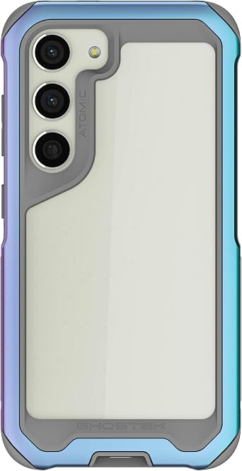 Ghostek ATOMIC slim Galaxy S23 Phone Case with Clear Back and Iridescent Aluminum Bumper Heavy Duty Shock Absorbent Protective Metal Phone Cover Designed for 2023 Samsung Galaxy S23 6.1" Prismatic