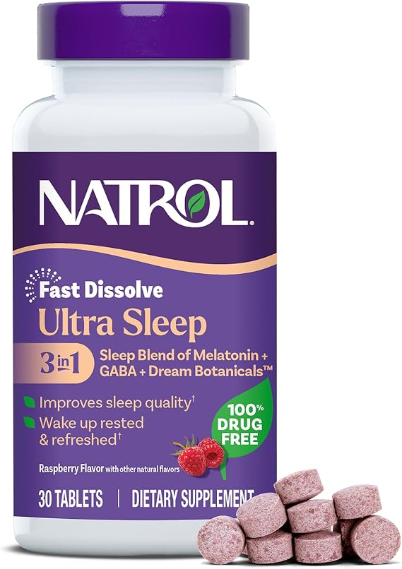 Natrol Ultra Sleep 3-in-1, 5mg Melatonin, GABA, Botanicals, 30 Tablets | Improve Sleep Quality, Wake Up Rested & Refreshed, Fast Dissolve, Raspberry Flavor, 100% Drug-Free, Non-Habit Forming