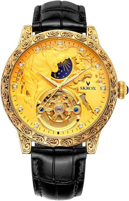 FORSINING Men's Tourbillon Watch Luxury Skeleton Carved Moon Phase Automatic Self-Winding Watches with Genuine Leather Strap