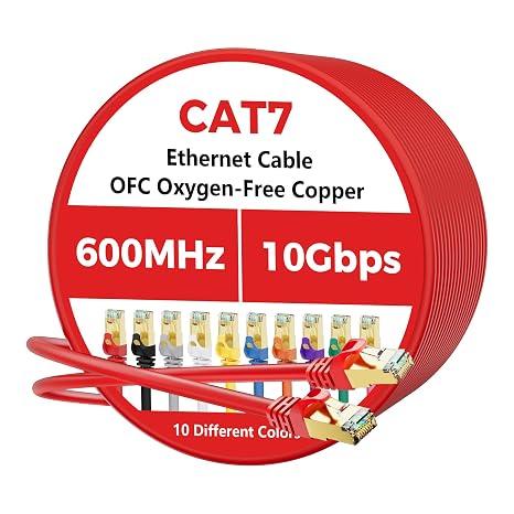 Cat 7 Ethernet Cable 50 FT, 10Gbps High Speed Internet Cord, SFTP Shielded, OFC Pure Copper, CAT7 RJ45 LAN Network Cable Compatible with PC, Laptop, PS5, Xbox Modem, Router, PoE, Red Cable