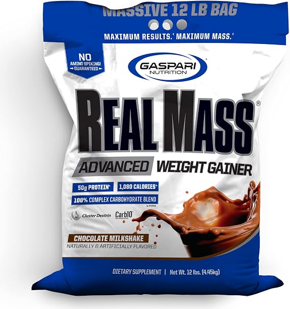 Gaspari Nutrition Real Mass: Advanced Weight Gainer, Protein and Complex Carb Blend, 50g Protein, 16g EAAs, Gluten-Free, 12 lbs (Chocolate Ice Cream)